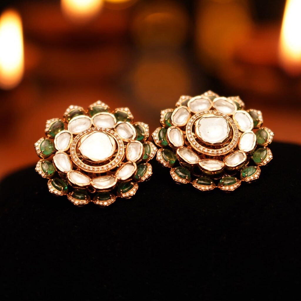 gold diamond stud earrings occasion at Neelkanth Gold and Diamonds.